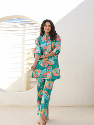 Tropical Teal Printed Cotton Co-Ord Set