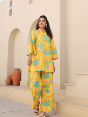 Floral Printed Yellow Cotton Co-Ord Set for Women