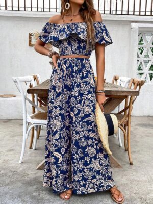 Navy Blue Floral Off-Shoulder Smocked Co-Ord Set