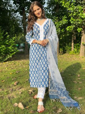 Blue & White Cotton Printed Suit Set with Dupatta